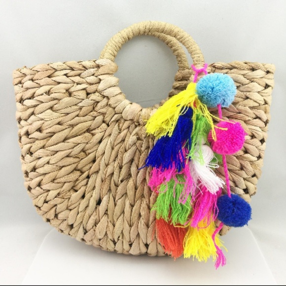 Handbags - LAST ONE⭐HANDMADE STRAW POM POM & TASSEL BAG